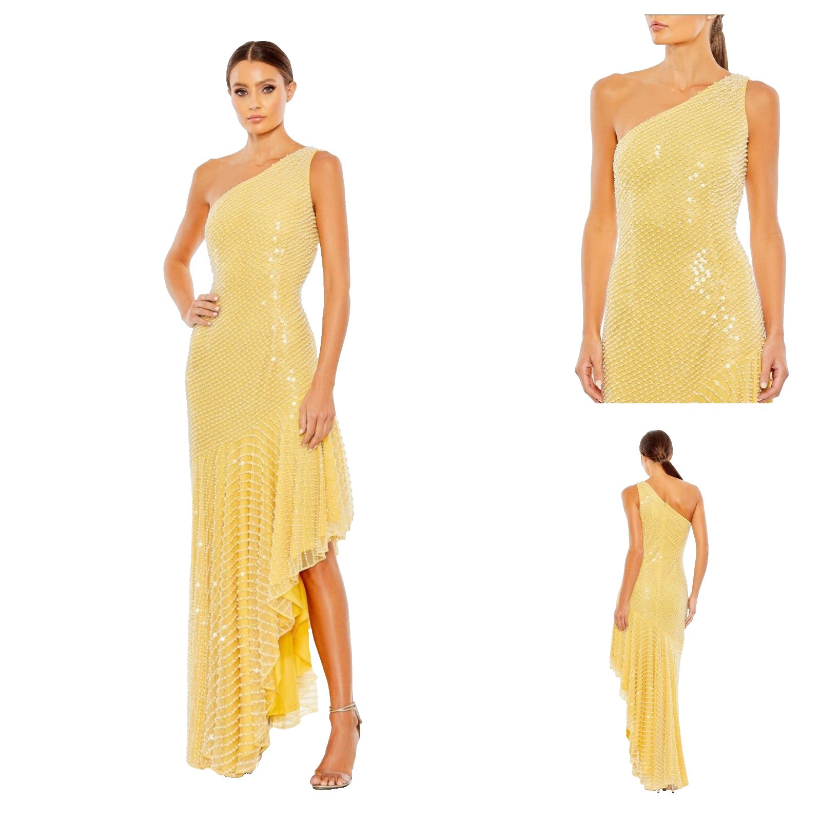 New Mac Duggal 93741 Yellow One Shoulder Pearls Sequins Asymmetrical Dress (14)